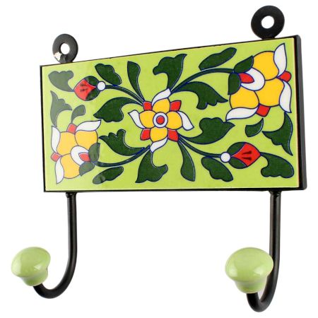 Pea Green With Forest Green Leaf Ceramic Tile Hook